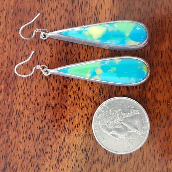 VINTAGE Sterling Silver Enamel Teardrop Earrings • Modernist Dangle - Picture 10 of 11